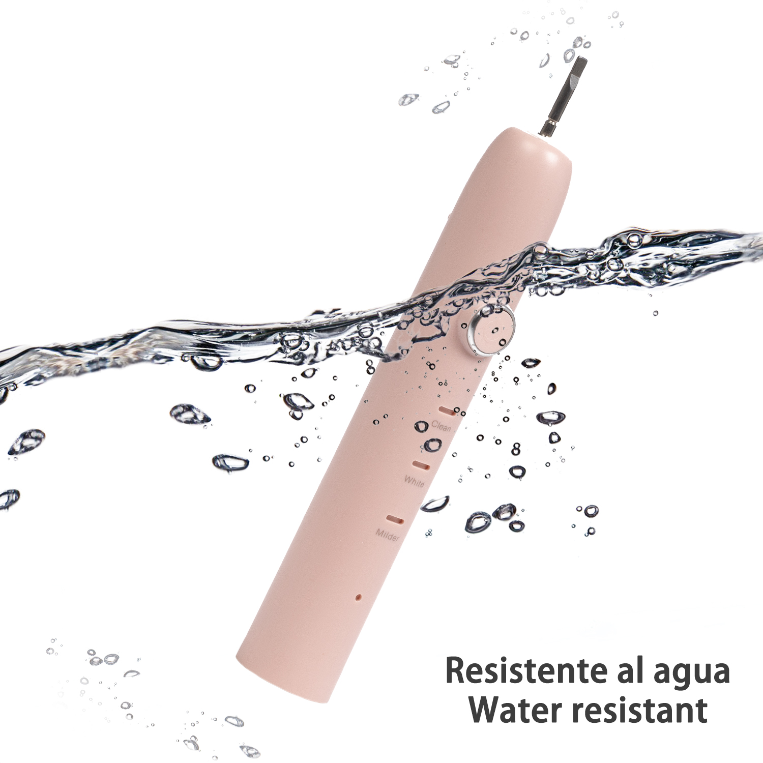 Eine rosa elektrische Zahnbürste in Wasser getaucht, umgeben von Blasen. Der Text 'Wasserfest' ist unten im Bild zu sehen.
