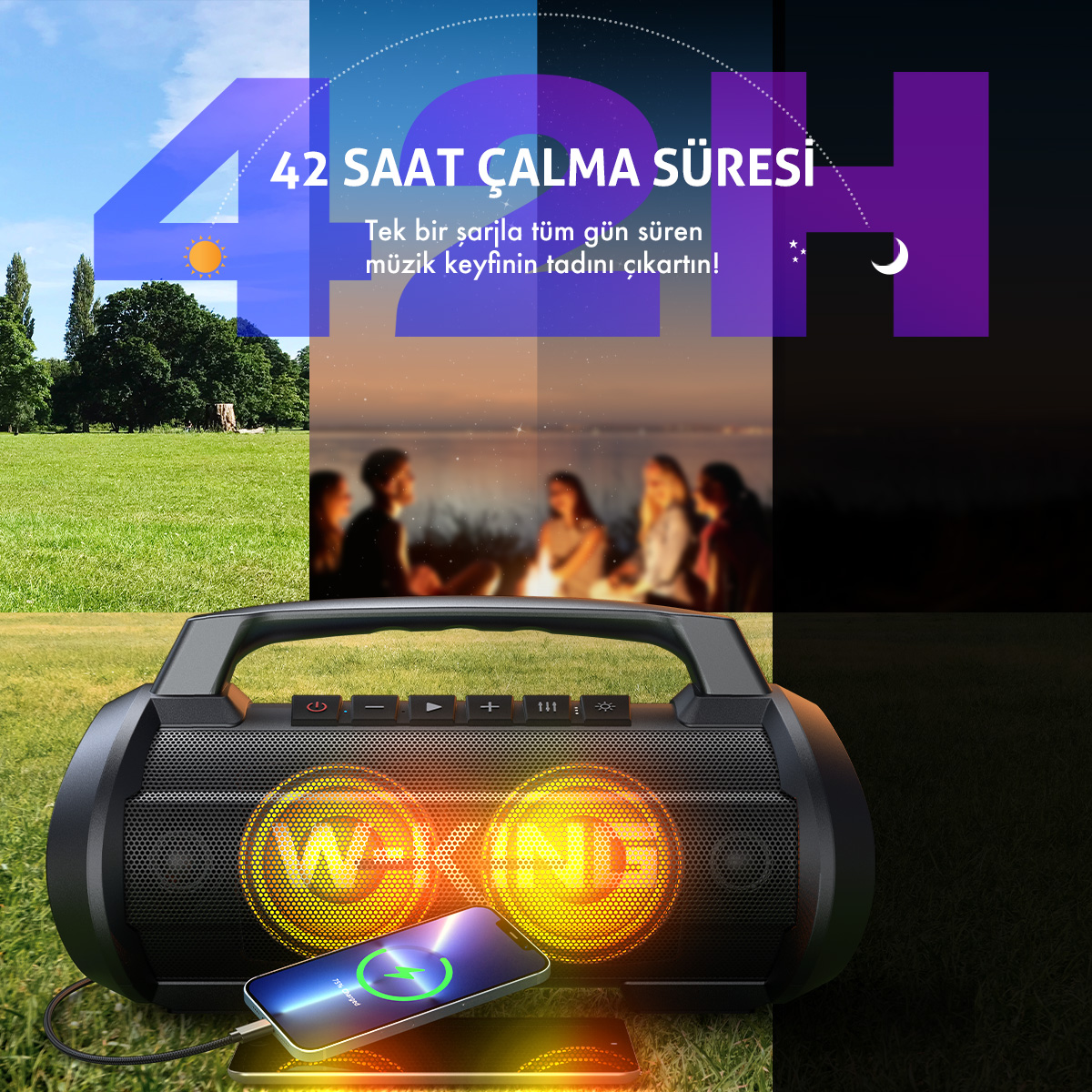 Şarj olan bir telefonla bir hoparlör. Görüntü, pil ömrü ve kamp ateşi hakkında metin içeren bir gündüz/gece bölünmesi gösteriyor.