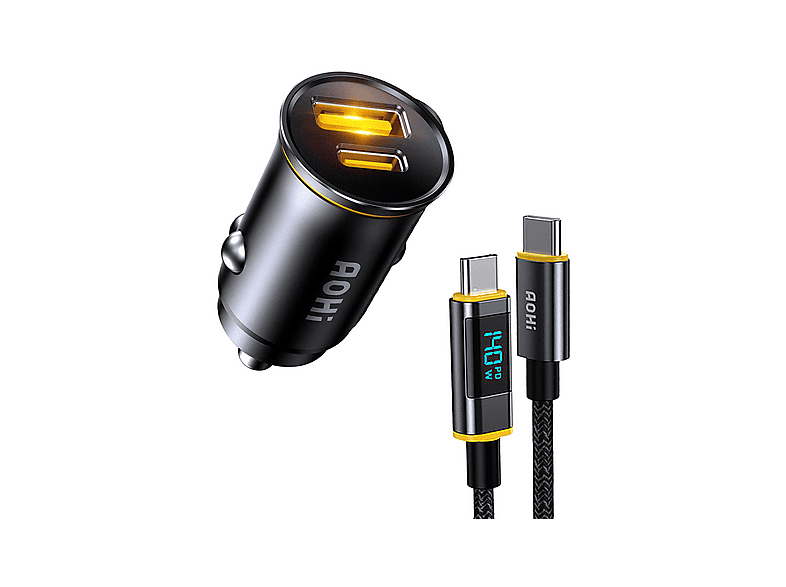 AOHI Superauto 140W LED Ekranlı Naylon Örgülü Şarj Kablo Seti 2 Portlu PD 65W Araç İçi Şarj Cihazı Siyah
