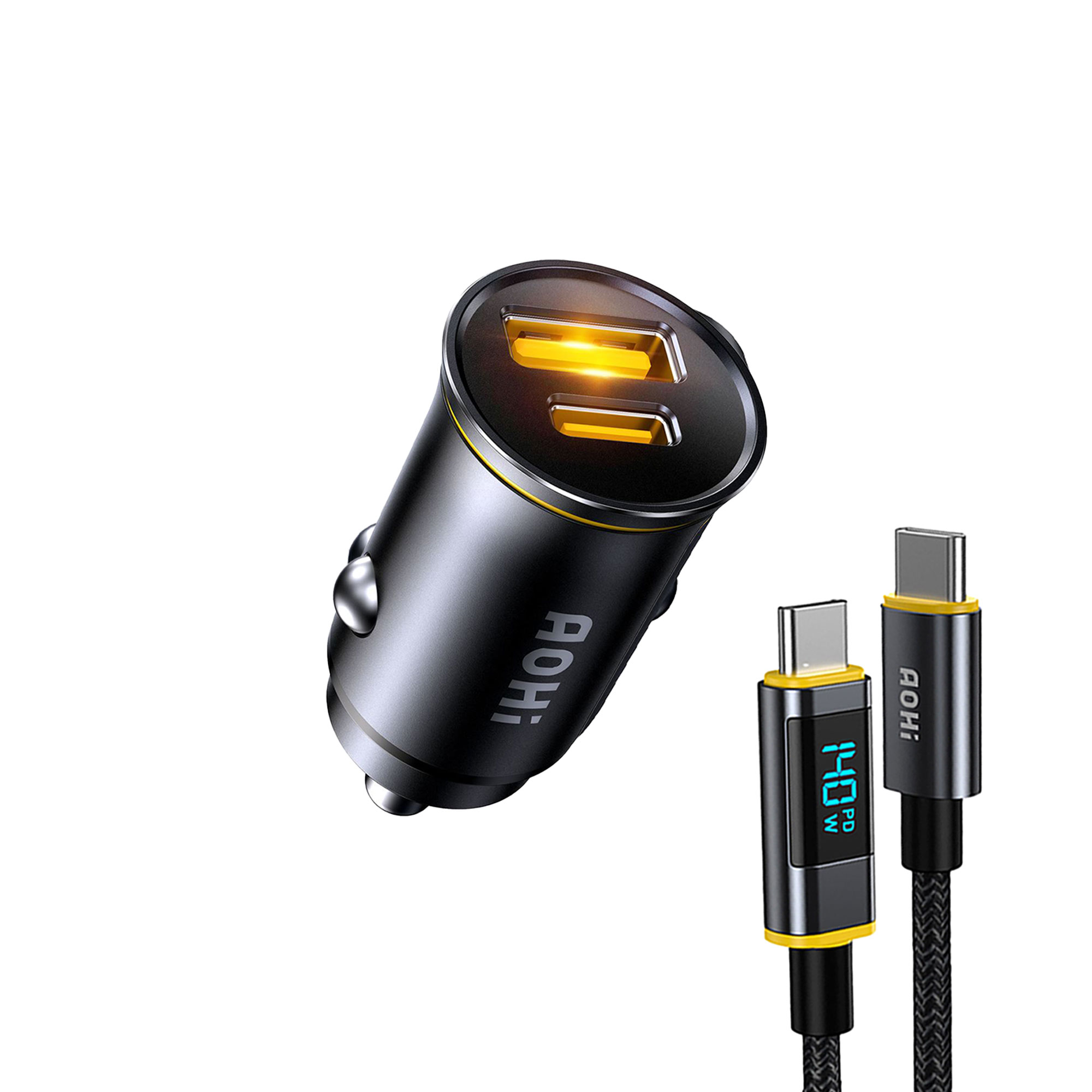 AOHI Superauto 140W LED Ekranlı Naylon Örgülü Şarj Kablo Seti 2 Portlu PD 65W Araç İçi Şarj Cihazı Siyah