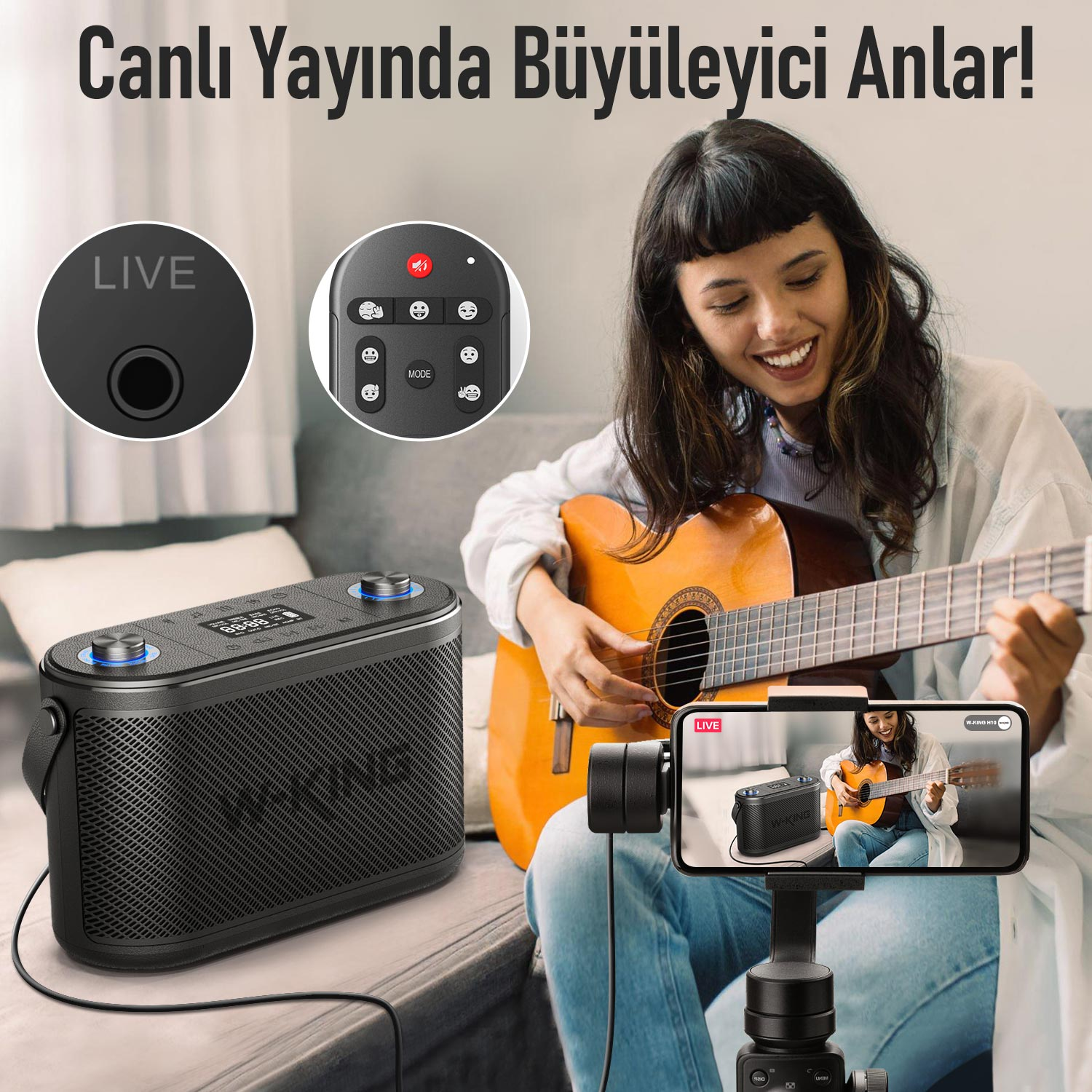 Bir kadın gitar çalıyor, canlı yayın yapıyor. Yakınında siyah bir hoparlör ve uzaktan kumanda var. Bir gimbal üzerindeki telefon canlı yayını gösteriyor.