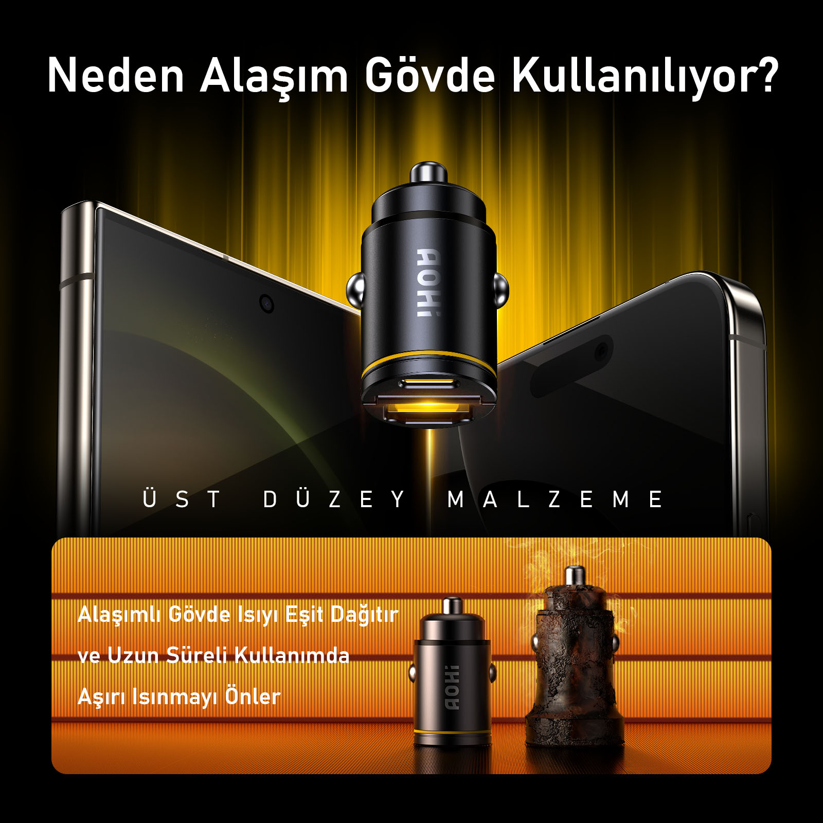 Görüntüde iki akıllı telefonla siyah bir araç şarj cihazı görülüyor. Metin şöyle diyor: Neden alaşım gövde kullanılıyor?. Altında metin var.