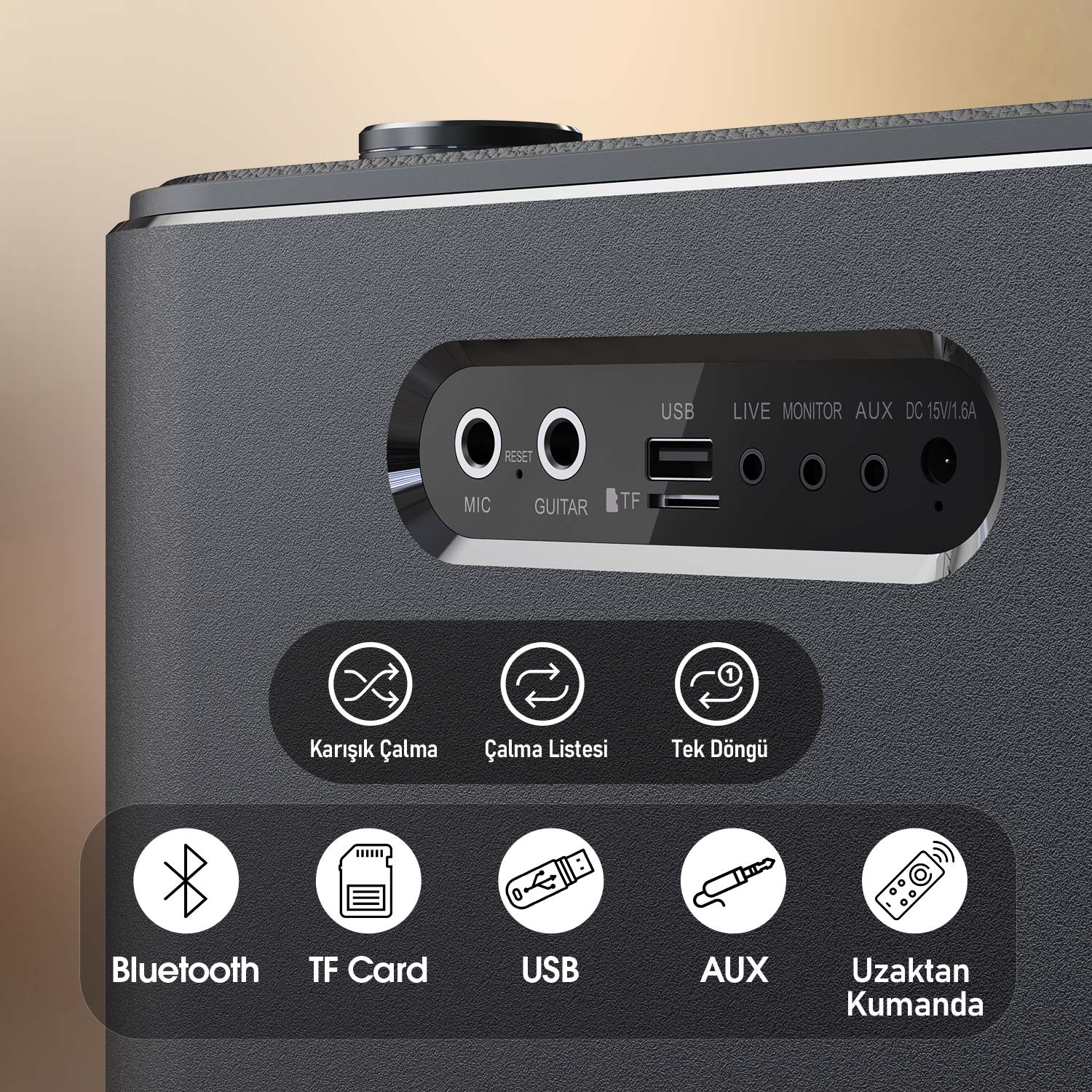 USB, AUX ve TF kartı gibi giriş portlarına sahip siyah bir hoparlörün yakın çekimi. Bluetooth ve uzaktan kumanda için kontrol simgeleri vardır.