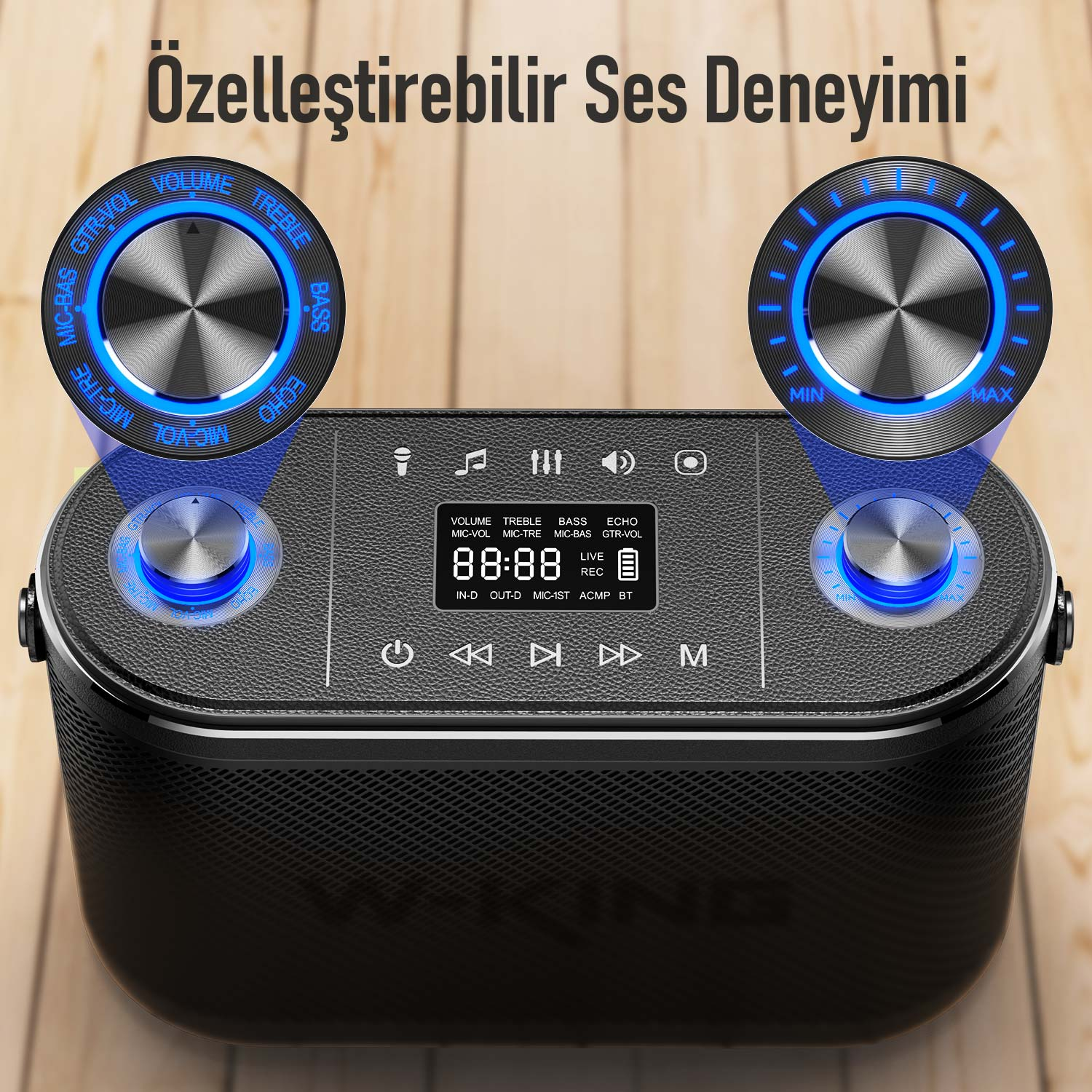 Hacim ve ayarlar için mavi ışıklı kadranlara sahip siyah bir hoparlör. Metin 'Özelleştirebilir Ses Deneyimi' ve çeşitli kontrolleri okur.