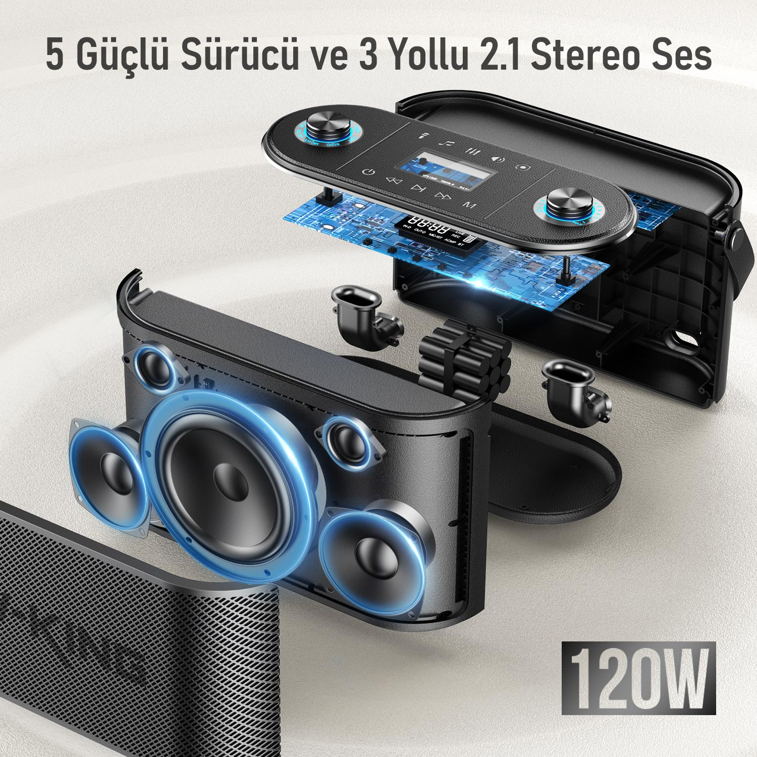 Mavi vurgulara sahip siyah hoparlör bileşenleri. Metin '5 Güçlü Sürücü ve 3 Yollu 2.1 Stereo Ses' ve '120W' diyor.