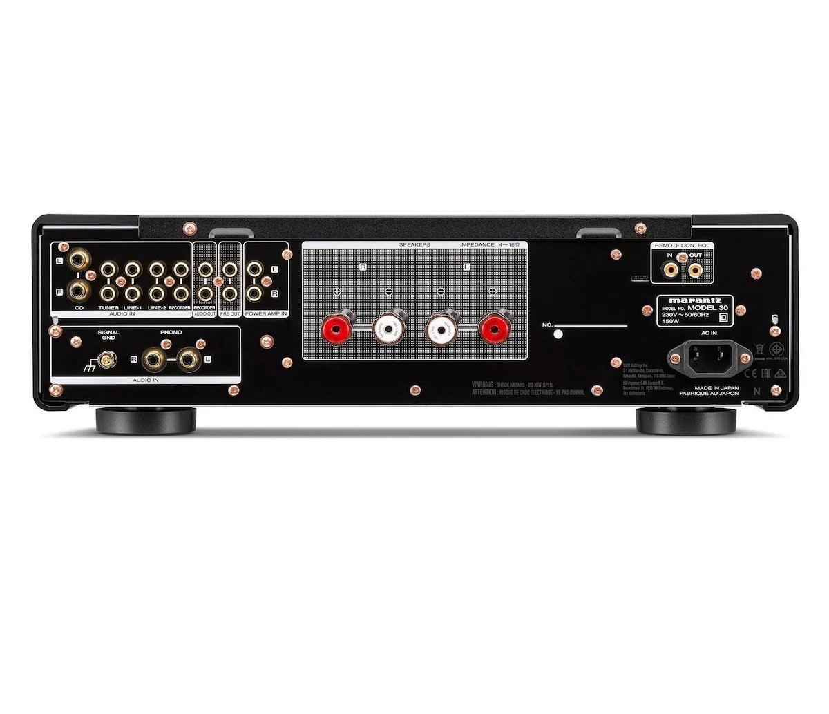 Siyah bir Marantz Model 30 amplifikatörünün arka görünümü. Çeşitli giriş/çıkış portları ve bir güç konektörüne sahiptir.