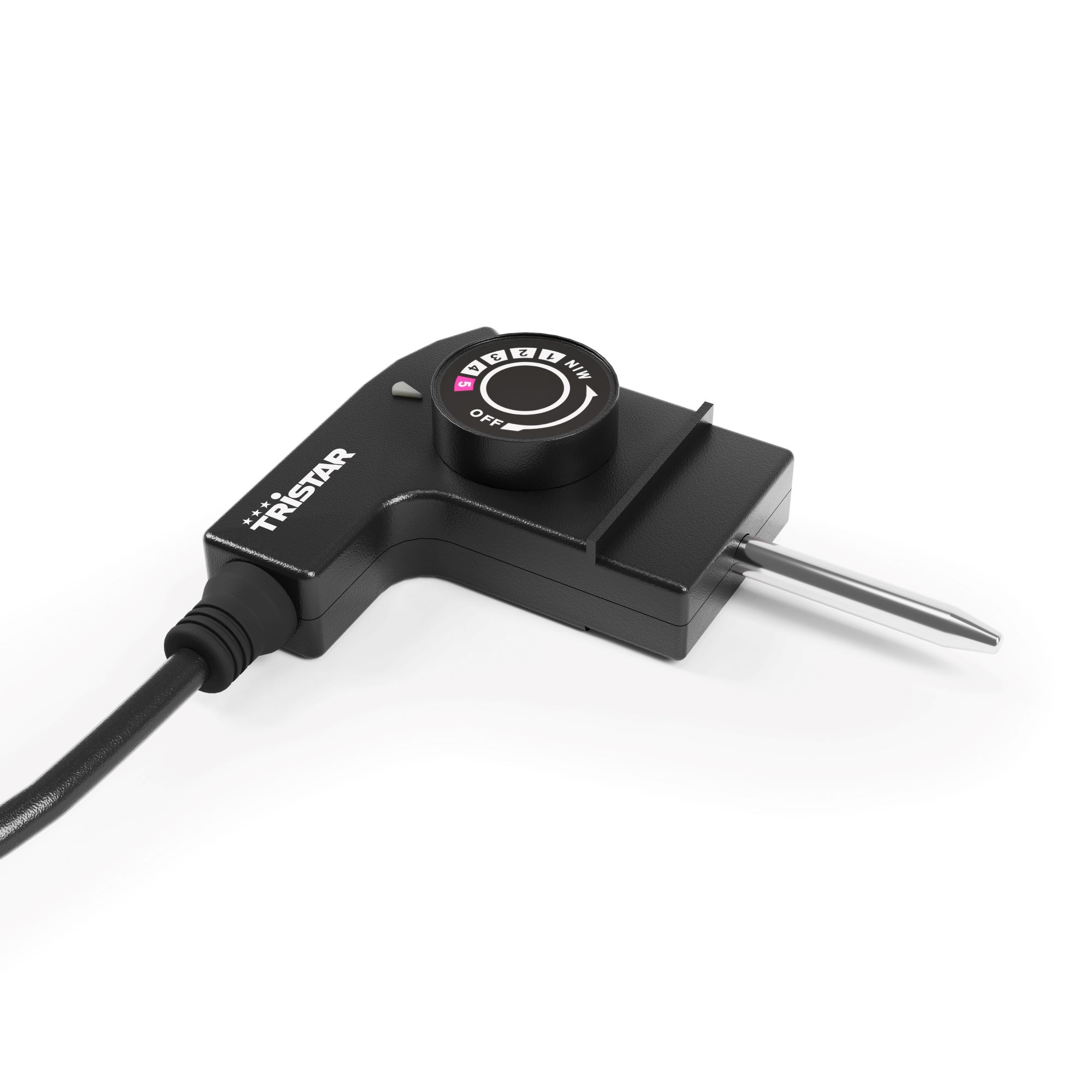 Ein schwarzes Tristar-Thermostat mit Drehknopf, Zahlen und Stecker auf weißem Hintergrund.