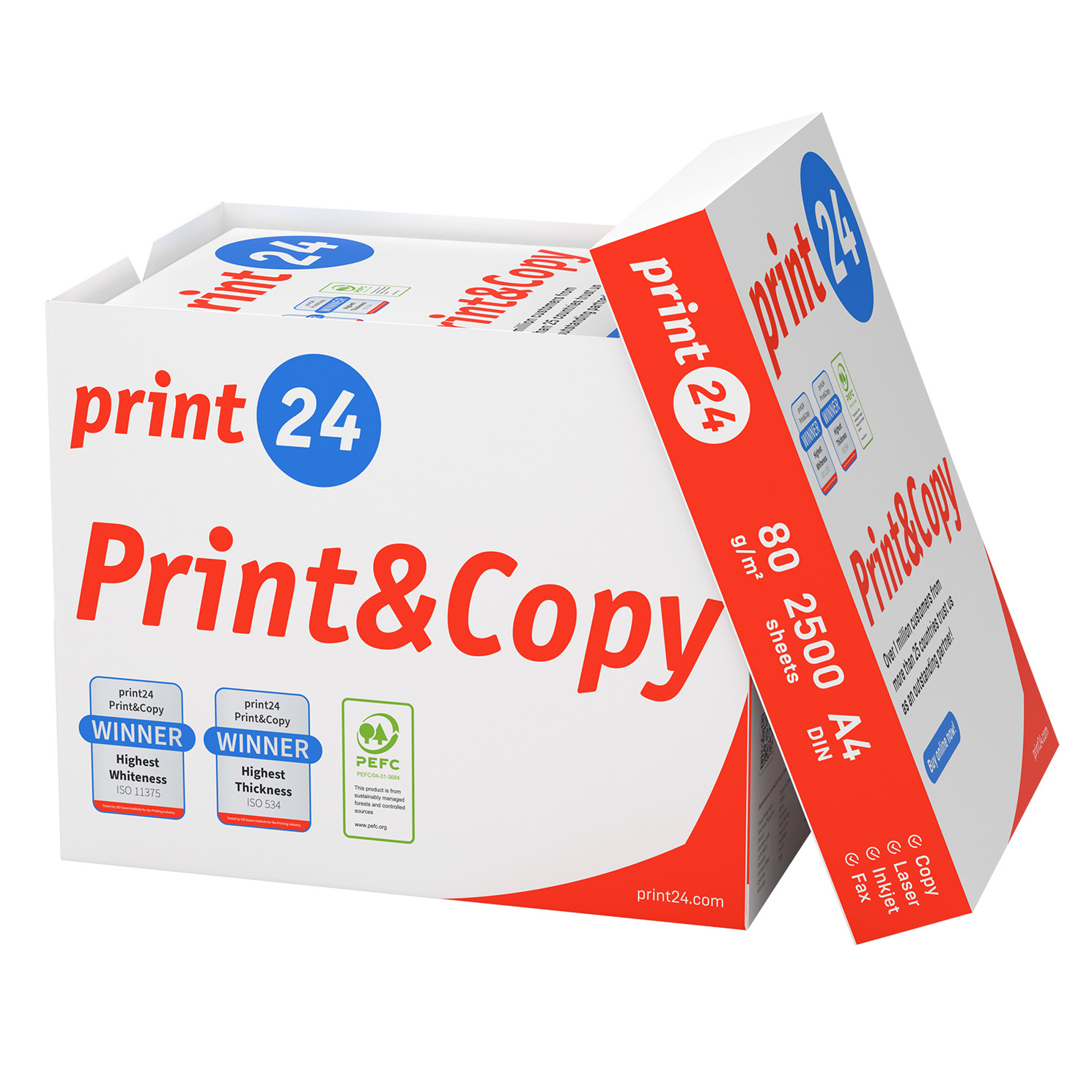 Eine weiße Schachtel mit Print&Copy-Papier, Marke 'print 24'. Enthält Angaben zu Weißgrad, Dicke und PEFC-Zertifizierung.