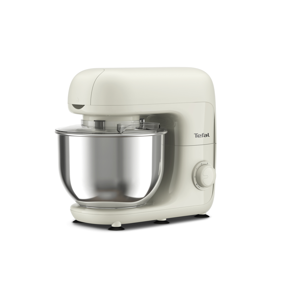 Ein cremefarbener Tefal-Küchenmixer mit einer Edelstahlschüssel auf weißem Hintergrund. Er hat ein Rad und den Markennamen an der Seite.