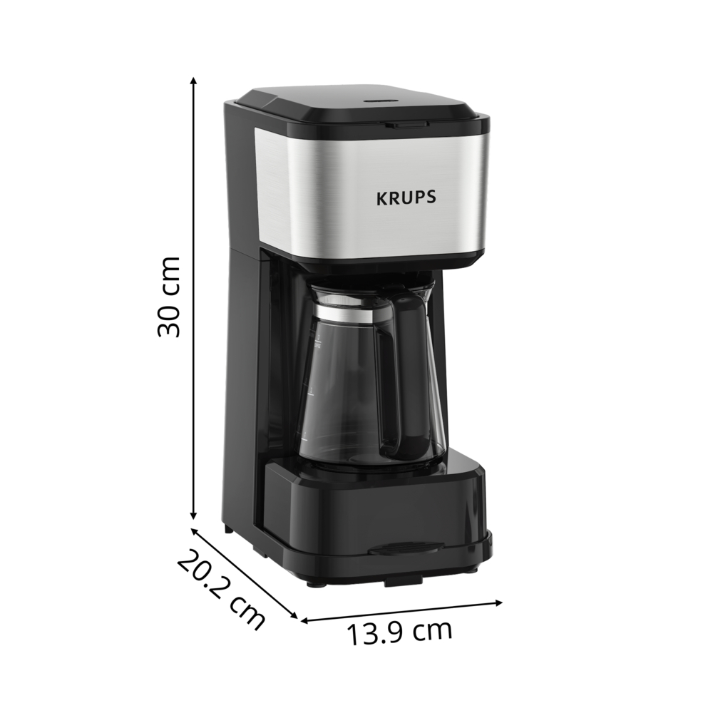 Una macchina da caffè Krups nera e argento. Dimensioni indicate: 30 cm di altezza, 20,2 cm di larghezza e 13,9 cm di profondità. Brocca di vetro visibile.