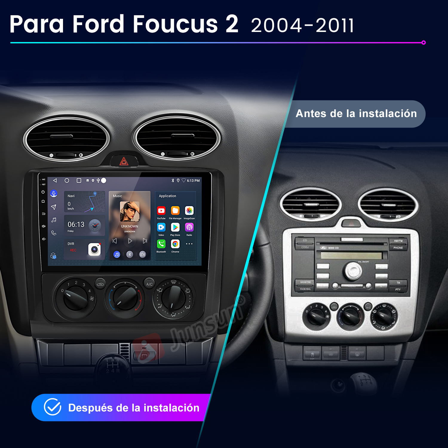 Comparación del tablero del automóvil: radio antiguo vs. sistema Android nuevo. Muestra navegación, música y aplicaciones.