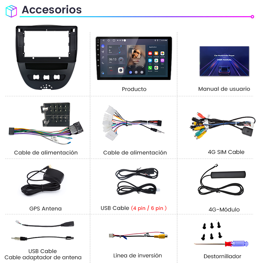 La imagen muestra accesorios para automóviles: radio, cables, antenas, manual de usuario y herramientas como un destornillador.