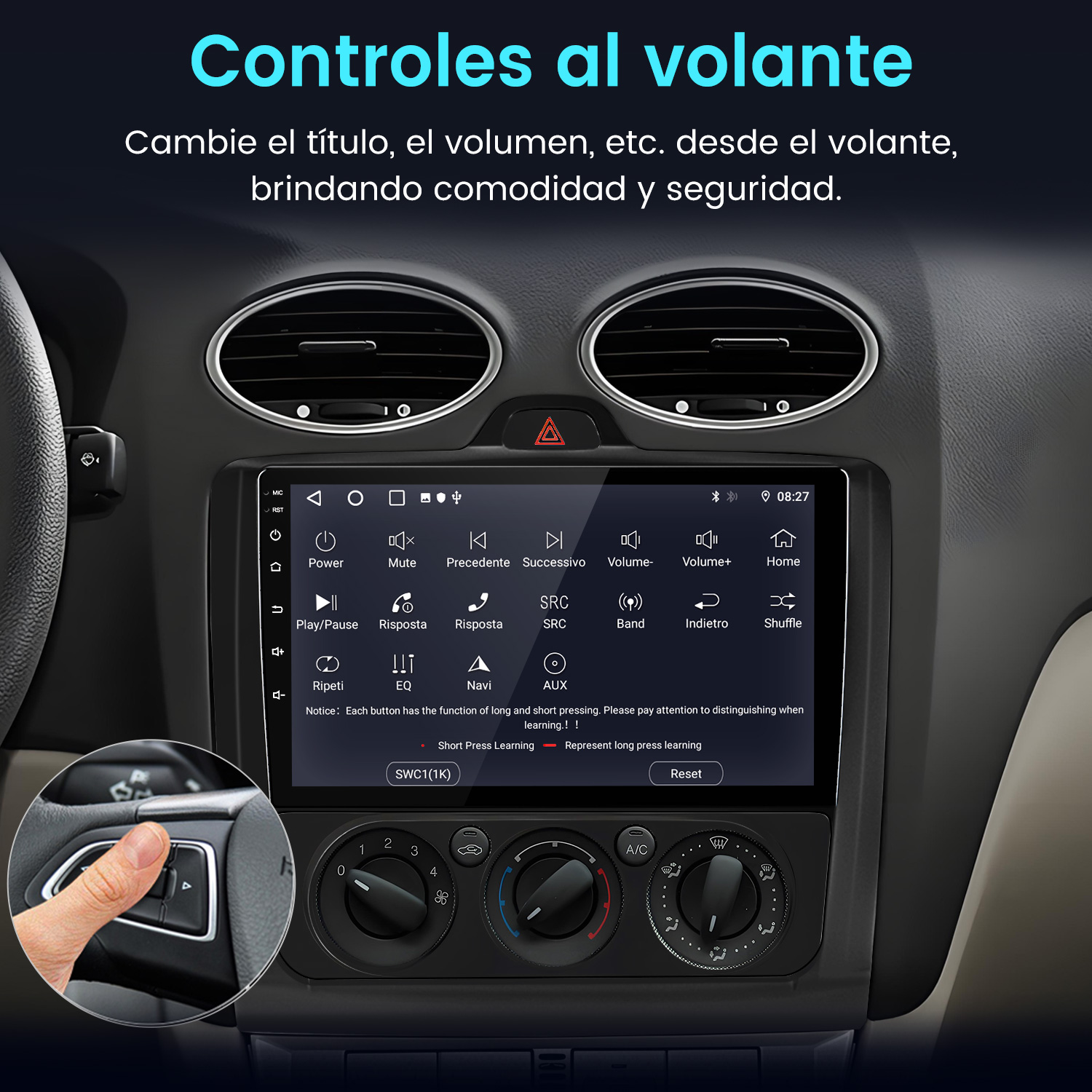 Panel de control del coche con pantalla y botones. Una mano pulsa un botón del volante. Texto: 'Controles al volante'.