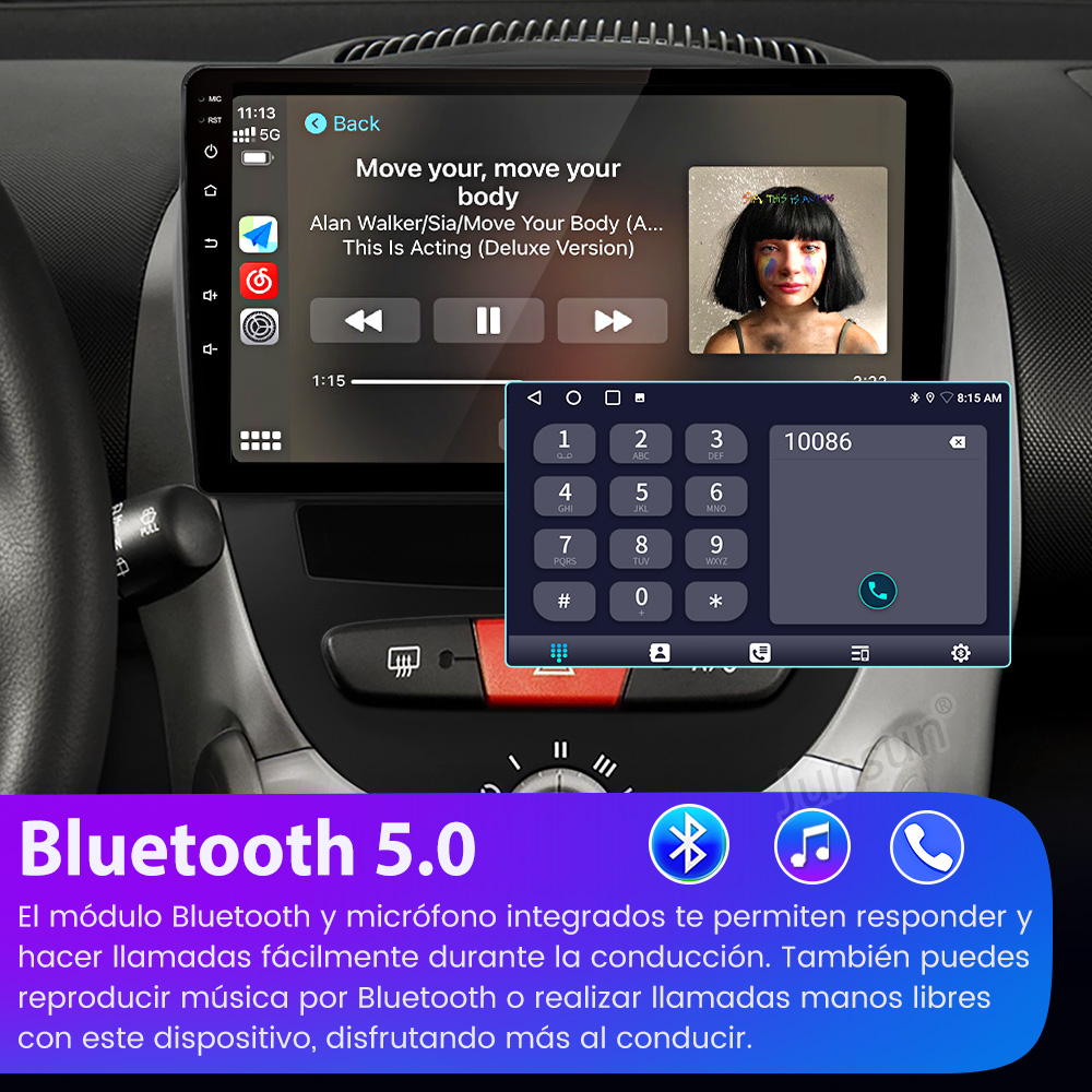 Autoradio con música y marcador telefónico en pantalla. Se destaca Bluetooth 5.0.