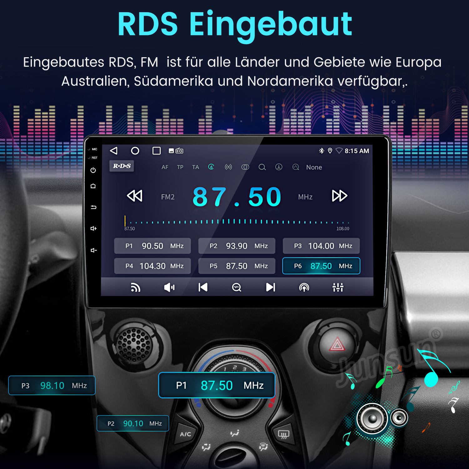 Autoradio-Bildschirm mit FM-Radio-Infos. Zeigt die Frequenz 87,50 MHz und Steuertasten. Der Hintergrund zeigt Autoinnenraumdetails.