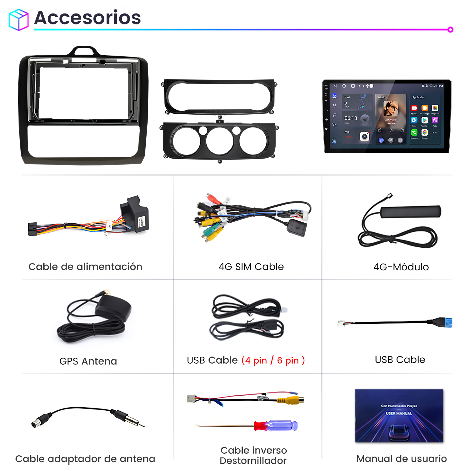 Accesorios para automóviles que incluyen una pantalla, cables, antena GPS y manual del usuario se muestran.