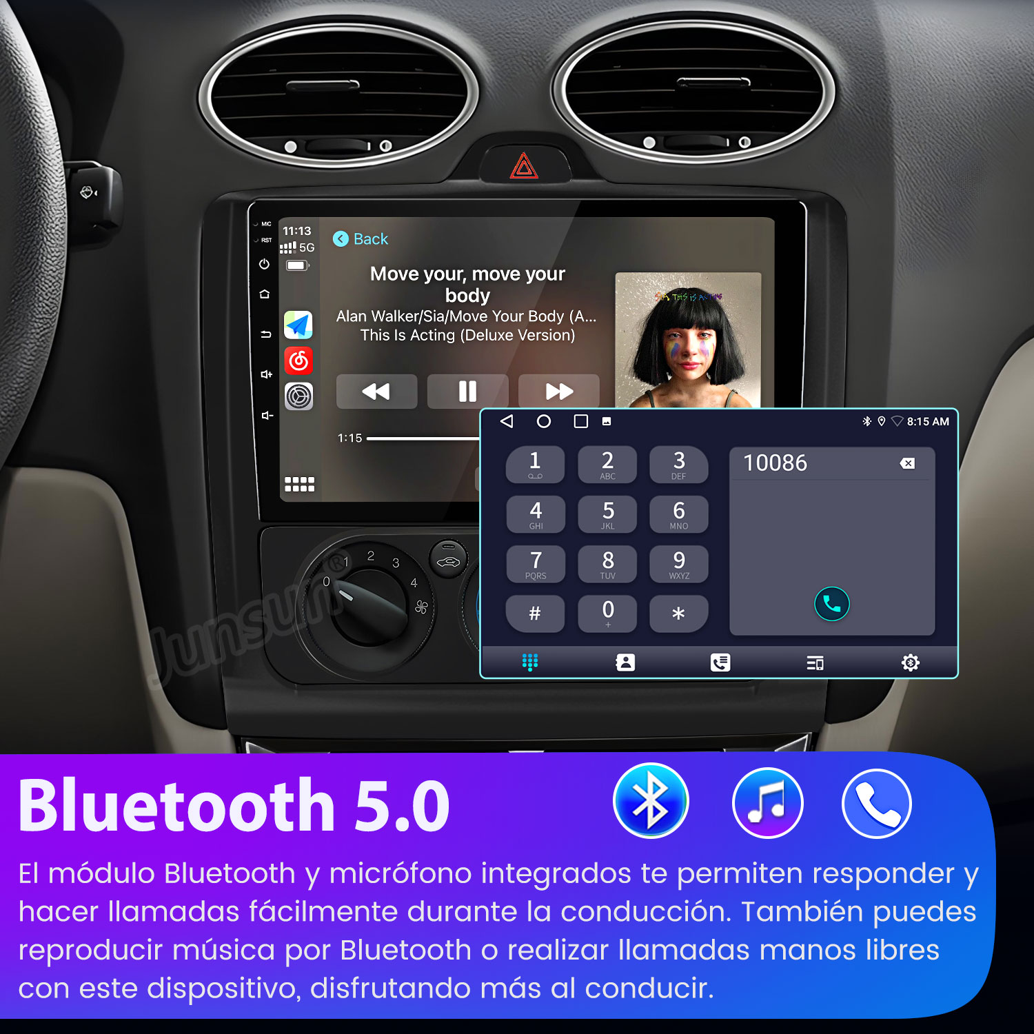 Panel del coche mostrando una pantalla con música, un teclado telefónico e información de Bluetooth 5.0.