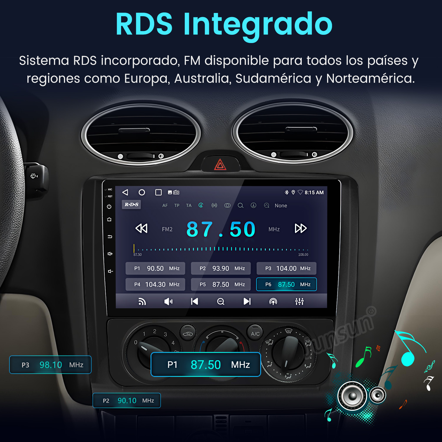 Pantalla de radio del coche mostrando la frecuencia FM. El texto dice RDS Integrado. También son visibles los controles y las rejillas de ventilación.
