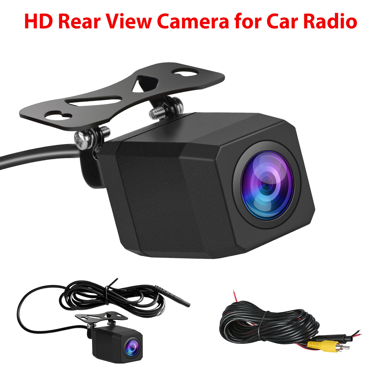 Cámara de visión trasera HD negra para radio de coche. Incluye cámara, soporte y cables. Fondo blanco.