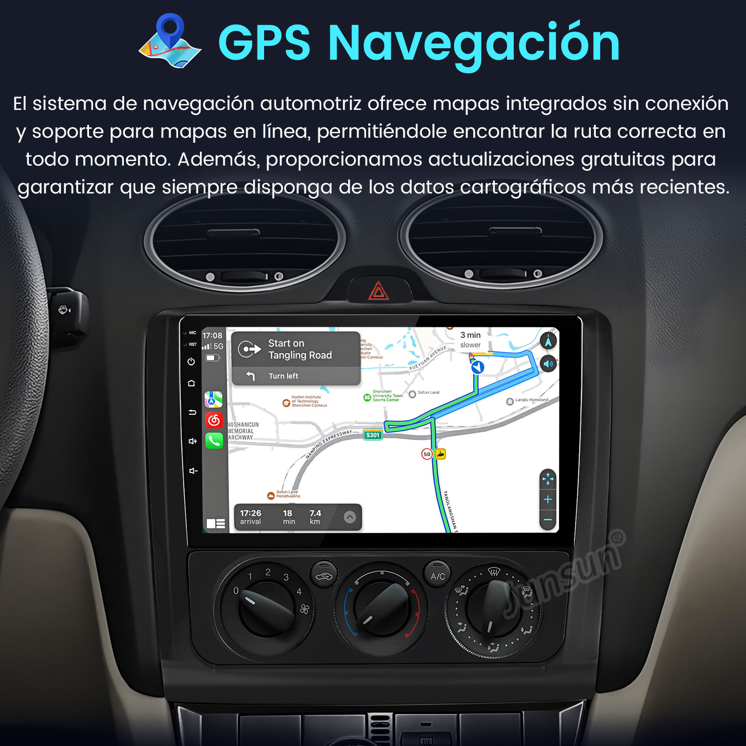 Panel del coche con navegación GPS. Controles de clima y radio visibles debajo de la pantalla.