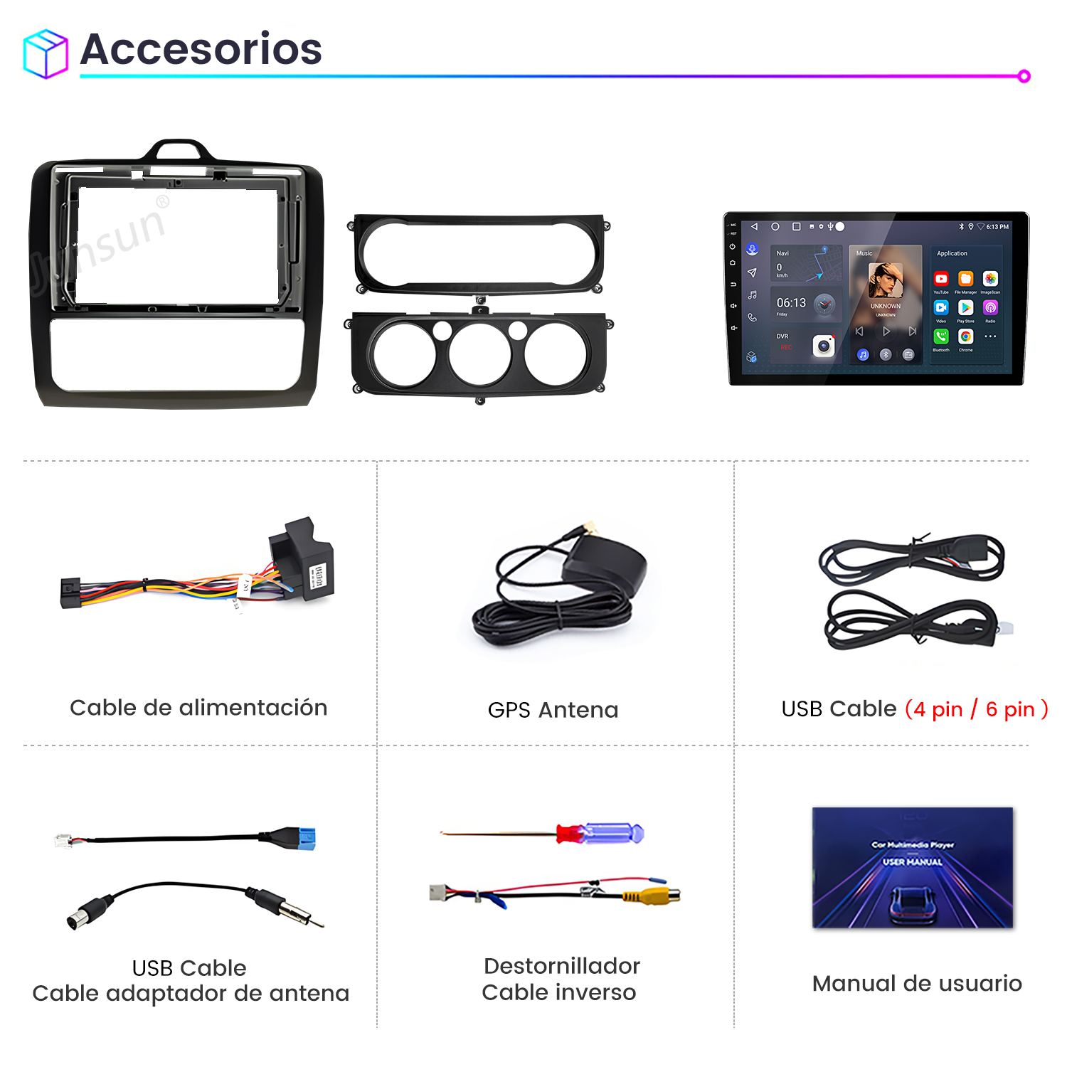 Accesorios multimedia para automóviles: marco de radio, pantalla, cables, antena GPS, manual de usuario y herramientas.