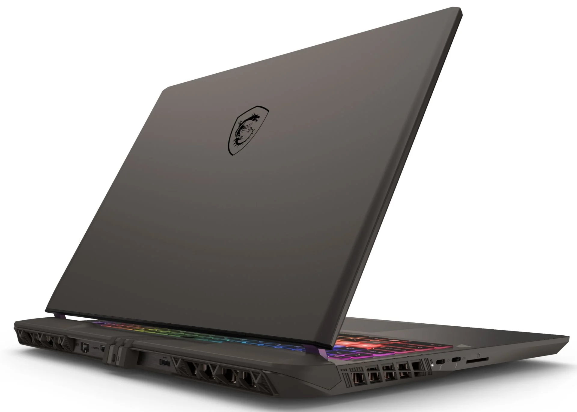 Koyu gri bir dizüstü bilgisayar hafifçe açık. Klavye gökkuşağı renkleriyle parlıyor. MSI logosu kapakta görülebilir.