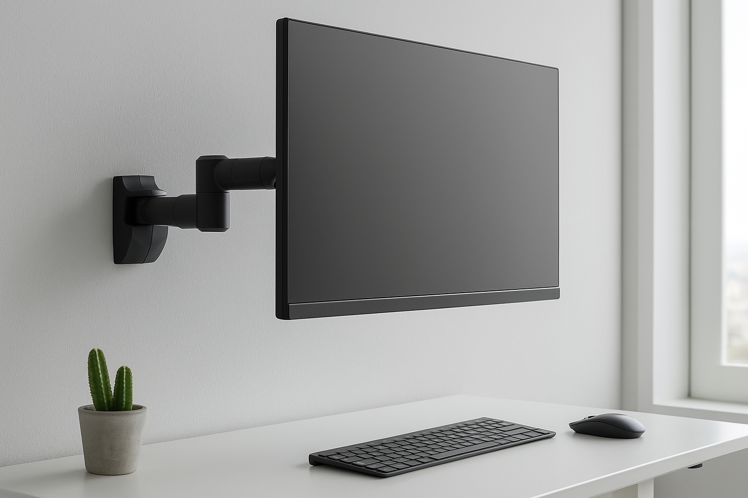 Ein schwarzer Monitor ist an einer weißen Wand montiert. Darunter ein Schreibtisch mit Tastatur, Maus und kleinem Kaktus.