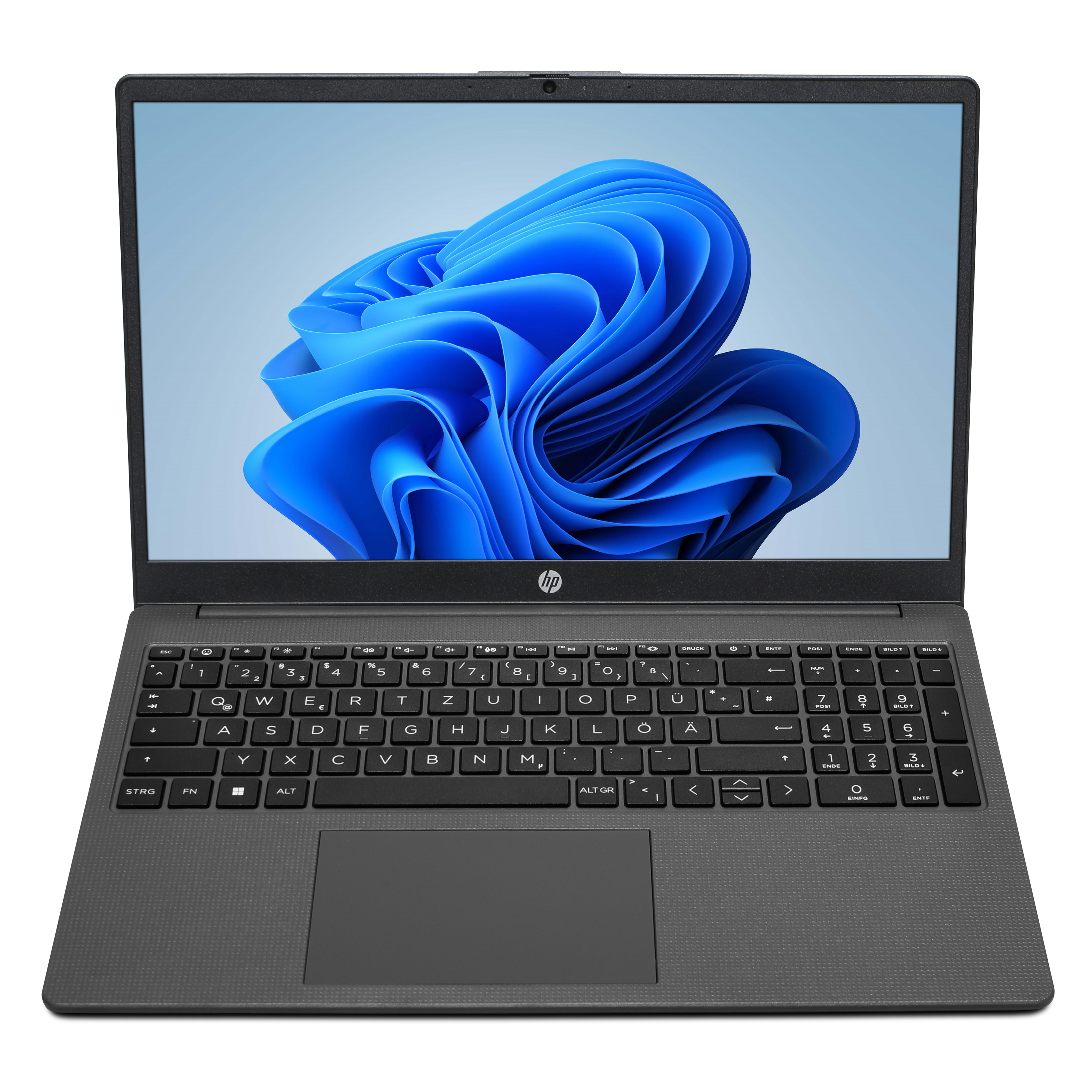 Una laptop HP gris está abierta. La pantalla muestra un diseño abstracto azul. El teclado es visible.