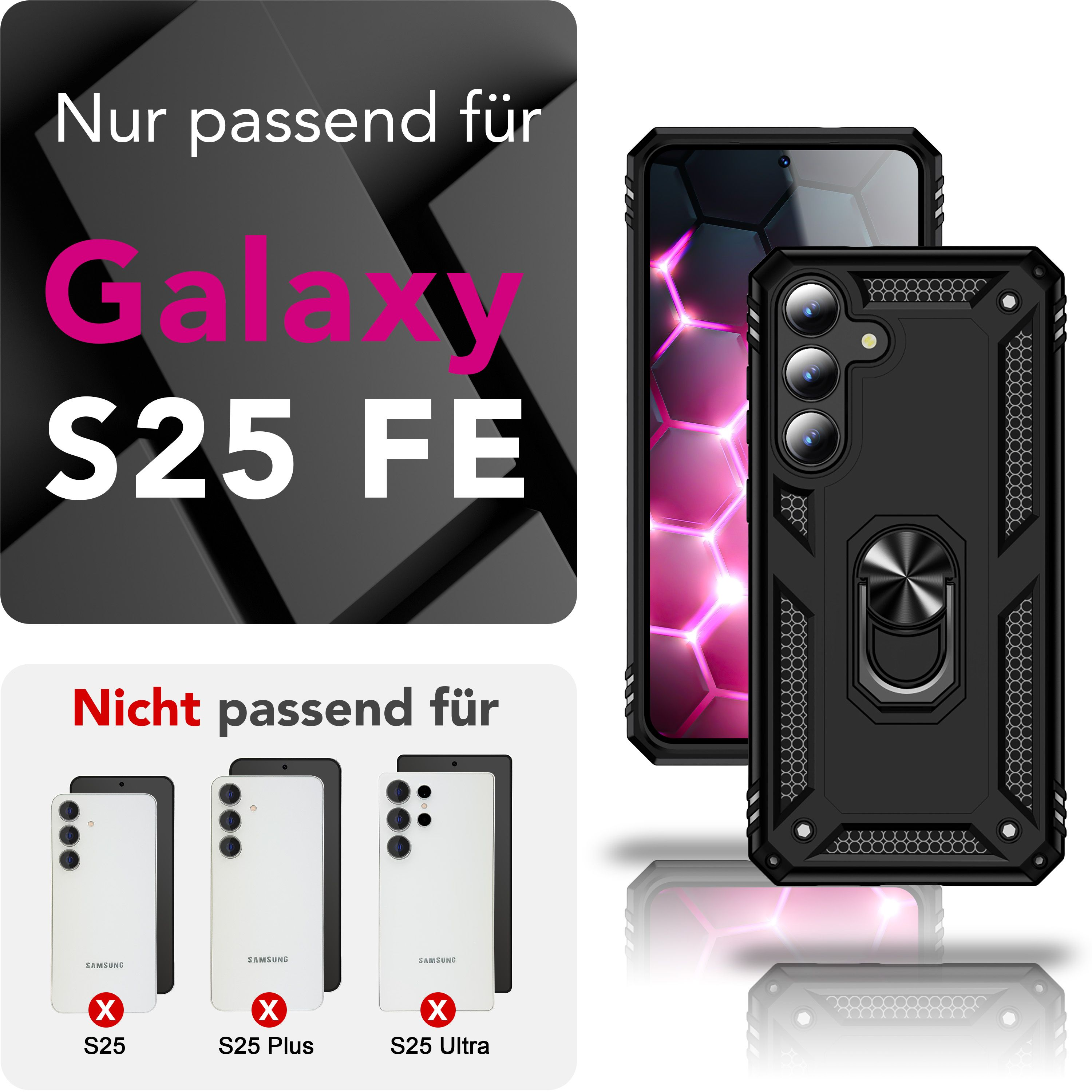 Bild zeigt eine Handyhülle und ein Handy. Text zeigt Kompatibilität mit Galaxy S25 FE. Andere Telefone sind durchgestrichen.