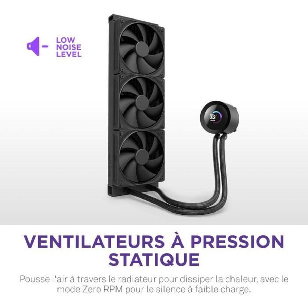 Czarne wentylatory komputerowe, chłodnica wodna z wyświetlaczem temperatury i tekst: Low Noise Level, Ventilateurs à Pression Statique.