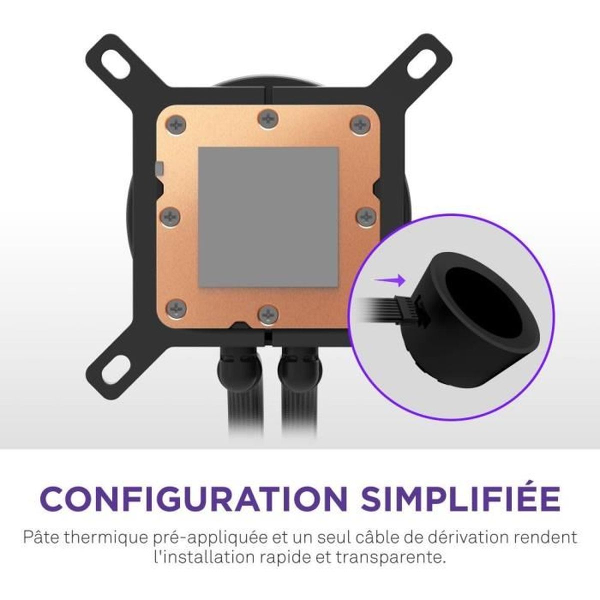 Chłodnica cieczy do komputera z miedzianą płytą i czarnym wspornikiem. Diagram kołowy pokazuje czarne złącze i kabel.