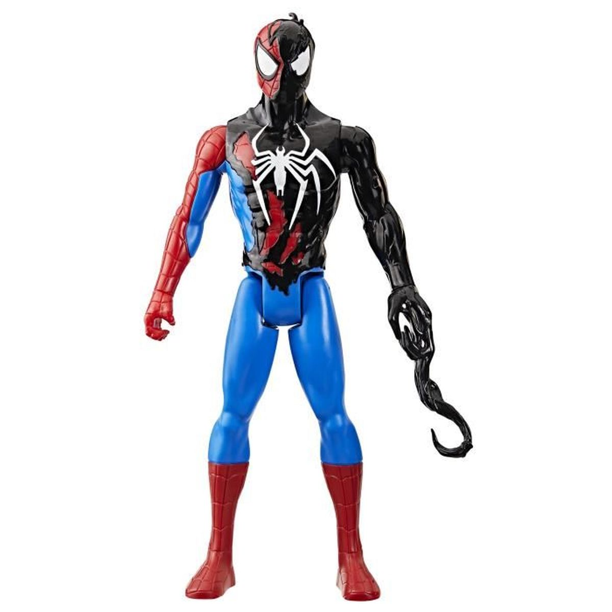 Una figura de acción de Spider-Man. Mitad roja y azul, la otra mitad negra. Símbolo de araña blanca en el pecho. Brazo de tentáculo negro.