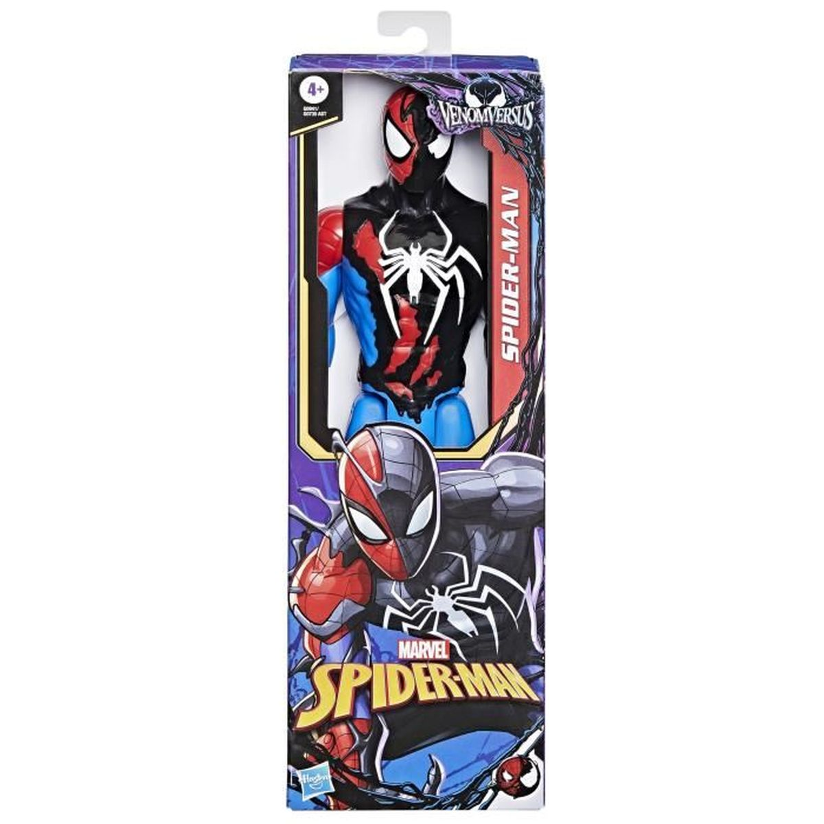 Juguete de Spider-Man en una caja. Es negro, rojo y azul. La caja tiene un gráfico de Spider-Man y el logotipo de Venom Versus.