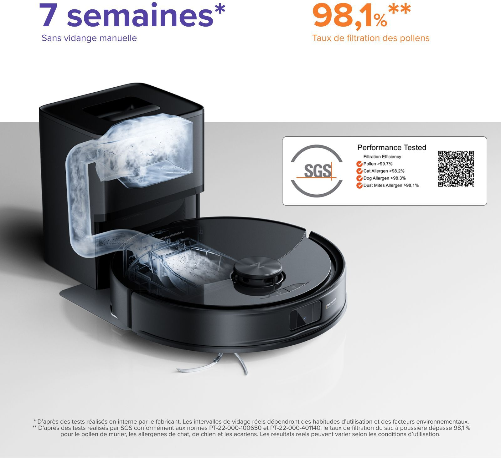 Czarny robot sprzątający z automatyczną stacją opróżniania. Statystyki pokazują wysokie wskaźniki filtracji dla alergenów i kurzu.