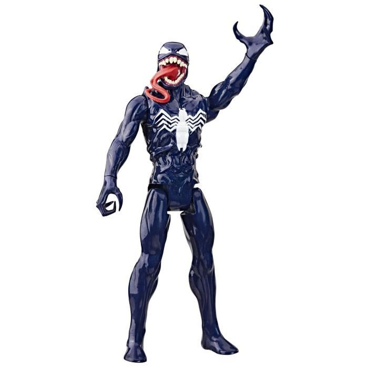 Una action figure di Venom, blu scuro con un simbolo di ragno bianco. Ha una lunga lingua rossa e alza la mano destra.