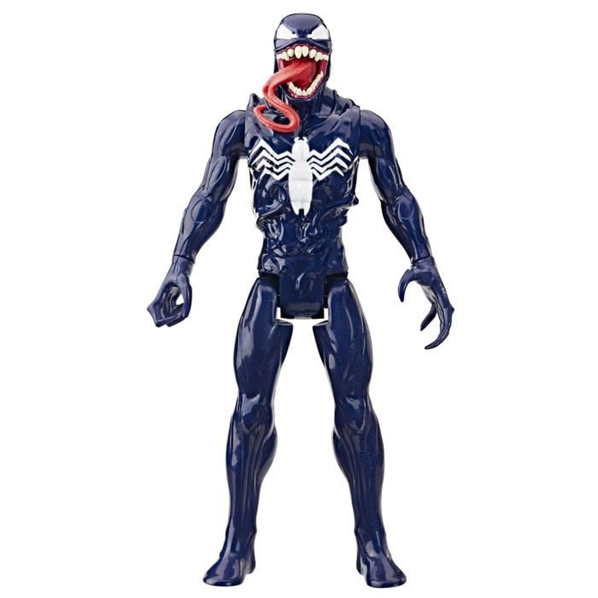 Una action figure di Venom in piedi. È blu scuro con un simbolo di ragno bianco. La bocca è aperta, la lingua rossa fuori, mostrando i denti.