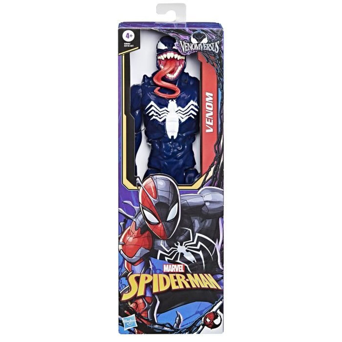 Action figure di Venom nella confezione, corpo blu scuro, simbolo ragno bianco. La confezione mostra i loghi di Spider-Man e Venom.