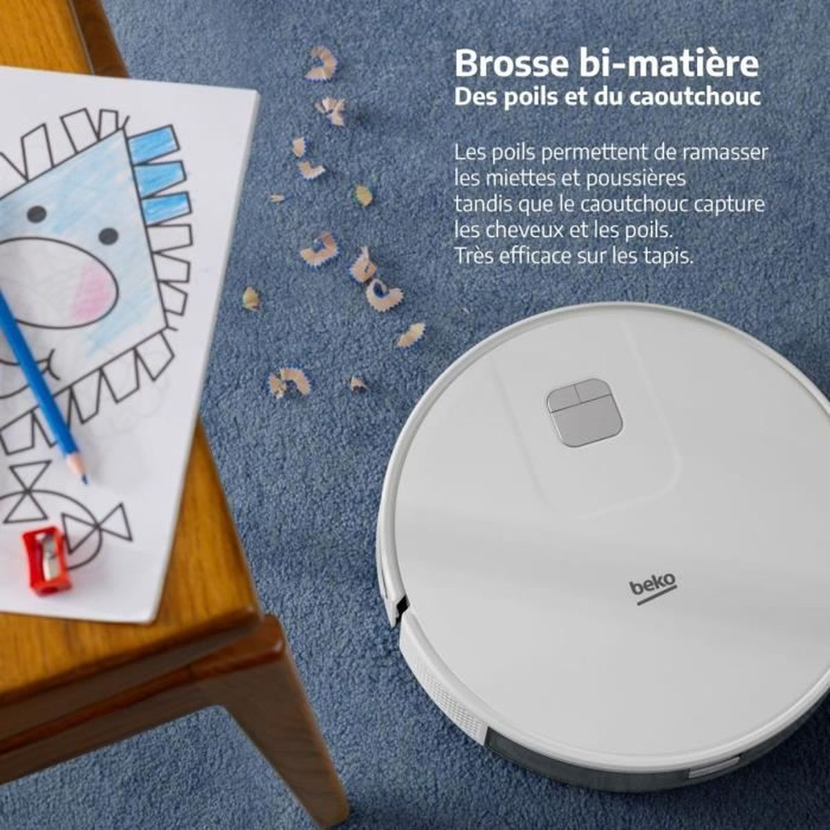 Biały odkurzacz automatyczny Beko na niebieskim dywanie. Z lewej strony rysunek i wióry ołówkowe.