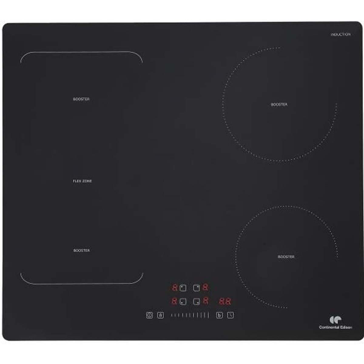 Czarna płyta indukcyjna z czterema palnikami, wyświetlaczem cyfrowym i logo Continental Edison.