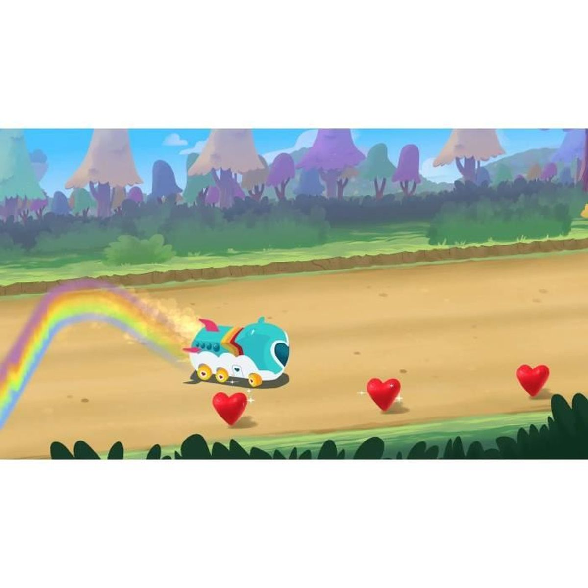 Una scena a cartoni animati con un veicolo blu che sputa un arcobaleno. Cuori rossi sul sentiero sabbioso. Alberi e cespugli sullo sfondo.