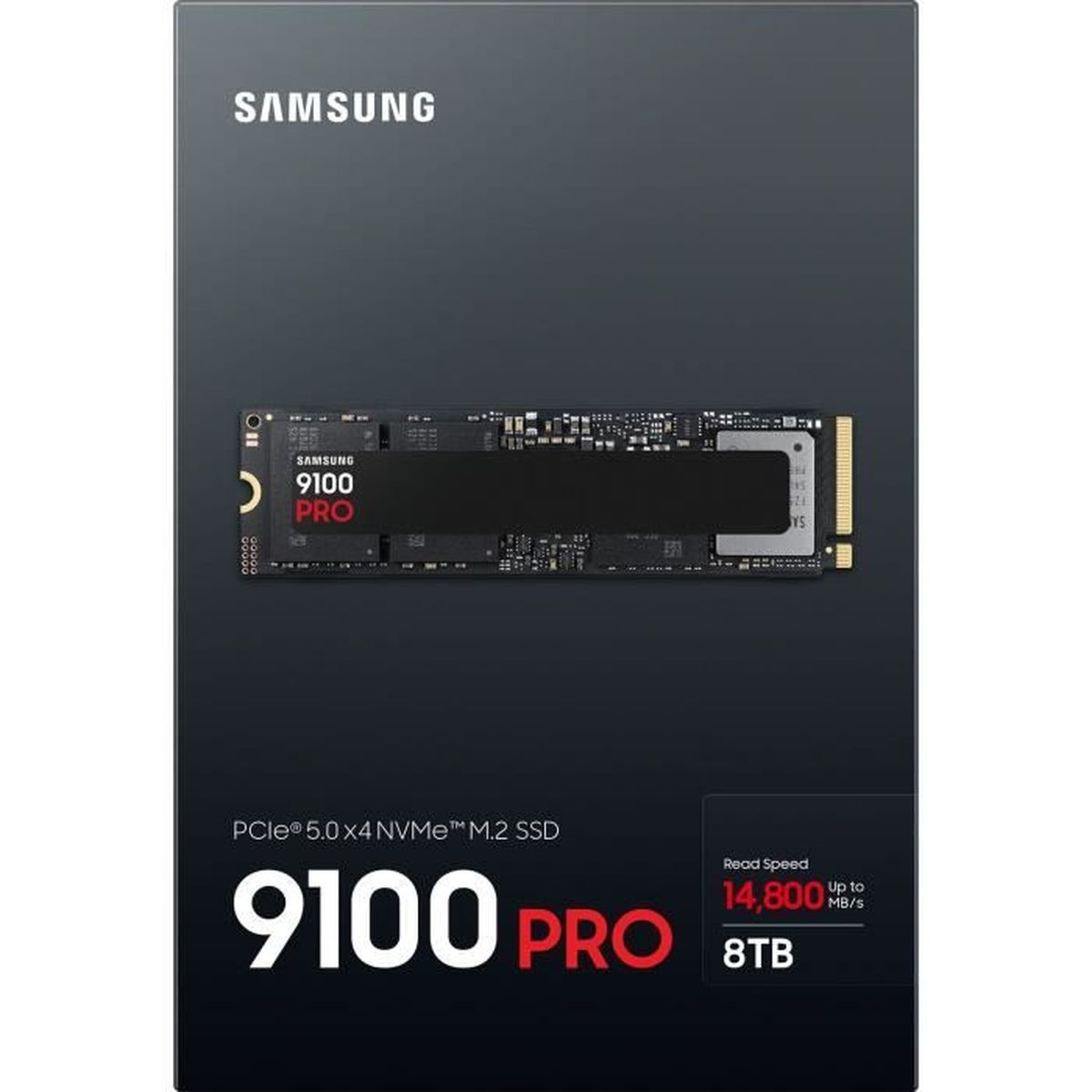 Pokazano dysk SSD Samsung 9100 Pro 8TB. Ma czarne tło z białym i czerwonym tekstem oraz komponentem pośrodku.
