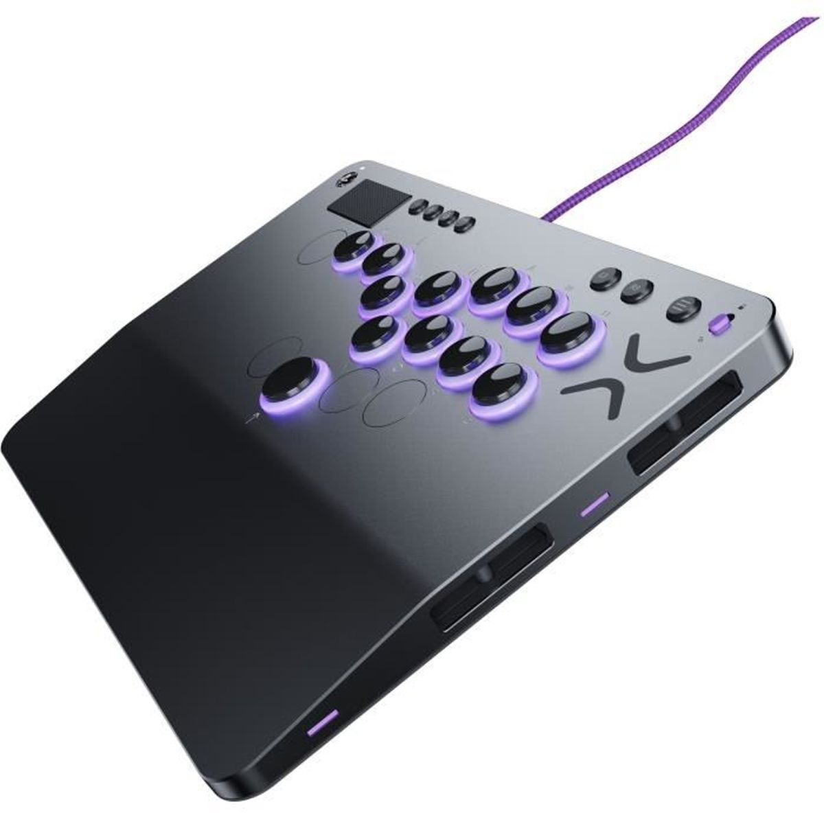 Un mando de juego gris y negro con varios botones, luces moradas brillantes y un cable morado en la parte superior.