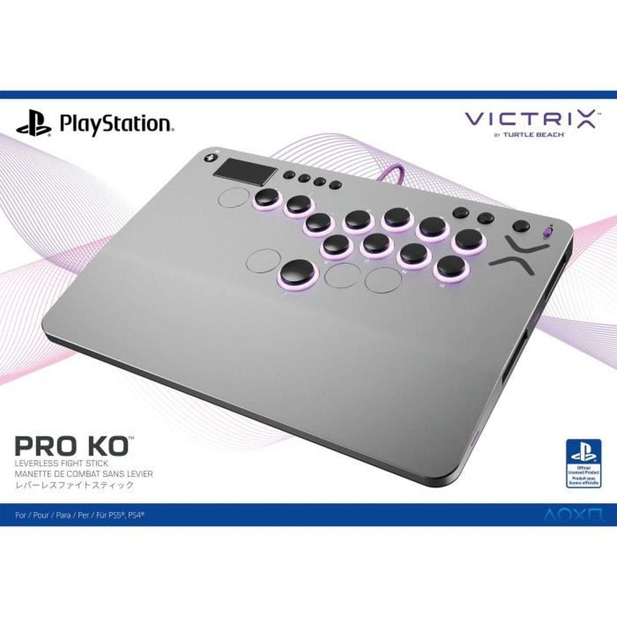 Un mando de lucha sin palanca Victrix Pro KO gris para PlayStation. Tiene muchos botones, un logo de PlayStation y está en una caja.