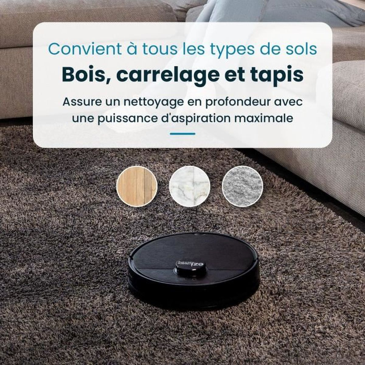 Czarny robot odkurzający na szarym dywanie. Nakładka tekstowa: odpowiedni do wszystkich rodzajów podłóg, drewna, płytek i dywanów.