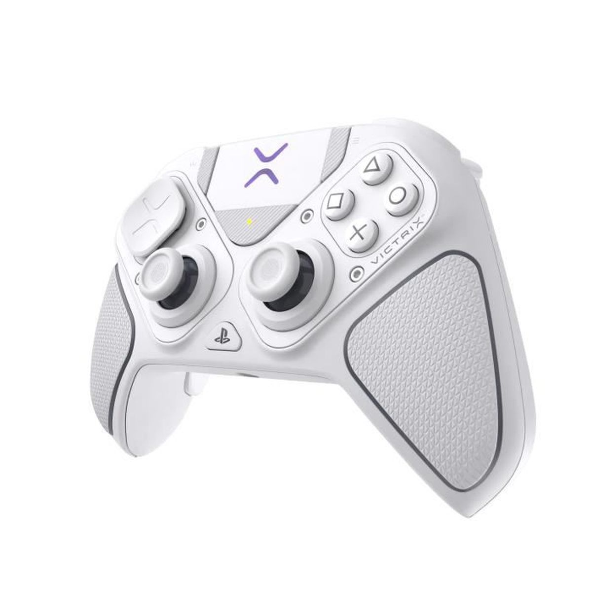 Un controller wireless Victrix Pro BFG bianco. Ha dettagli e pulsanti grigi. Lo sfondo è bianco.