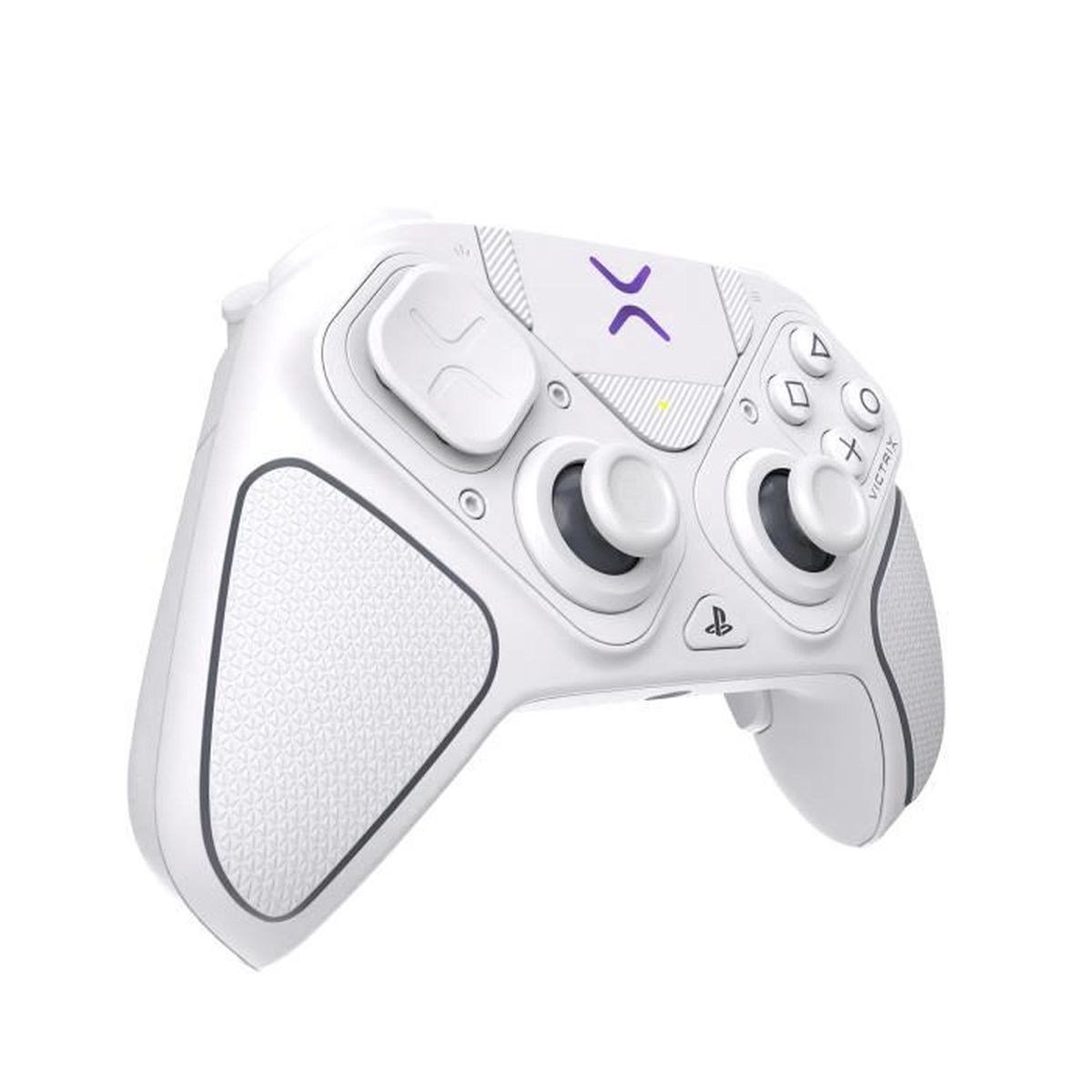Un controller wireless Victrix Pro BFG bianco. Ha pulsanti, levette analogiche e un touchpad. Il logo è viola.