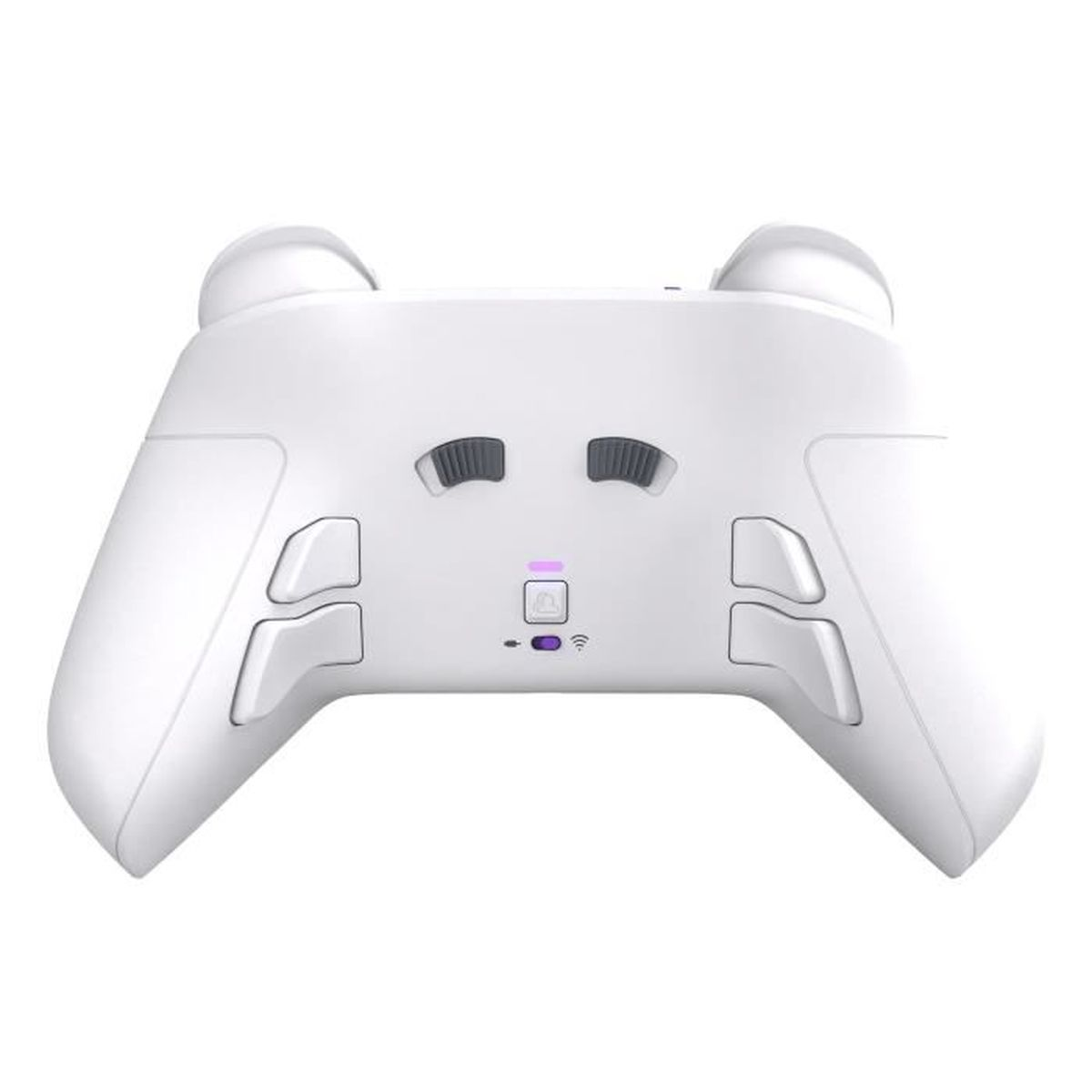 Controller di gioco bianco. Ha pulsanti, grilletti e spie luminose. Due strutture superiori simili a orecchie.