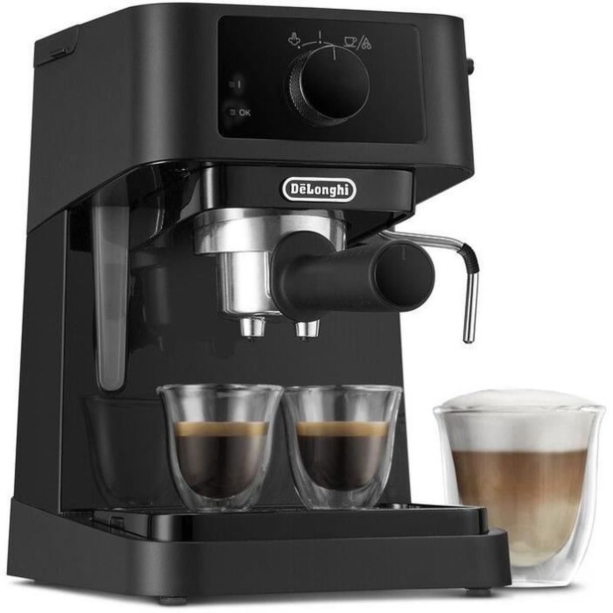 Czarny ekspres do kawy Delonghi z dwiema szklankami espresso i latte. Ekspres ma pokrętło i dyszę do pary.