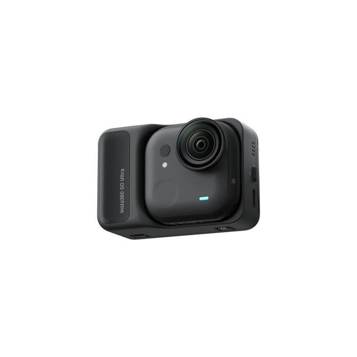 Eine schwarze Insta360 Go Ultra Kamera. Die Kamera hat ein Objektiv, einen Einschaltknopf und die Worte Insta360 Go Ultra sind zu sehen.
