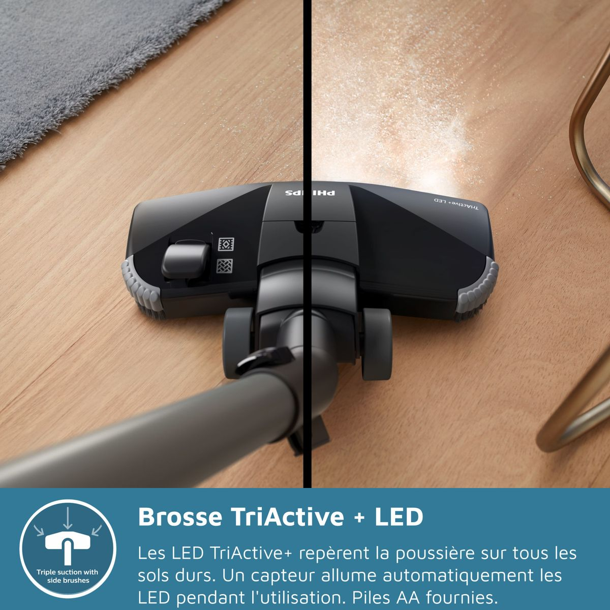 Głowica odkurzacza Philips na drewnianej podłodze. Pył widoczny po prawej stronie. W rogu grafika głowicy odkurzacza.